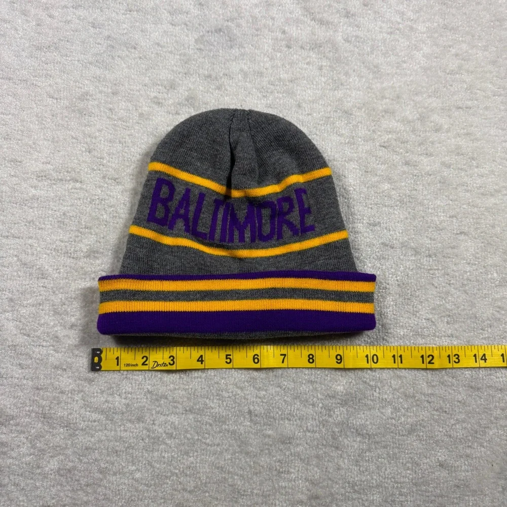 Baltimore Beanie‎ Hat Grey Purple Gold Striped Cuffed Knit Winter Cap Unisex